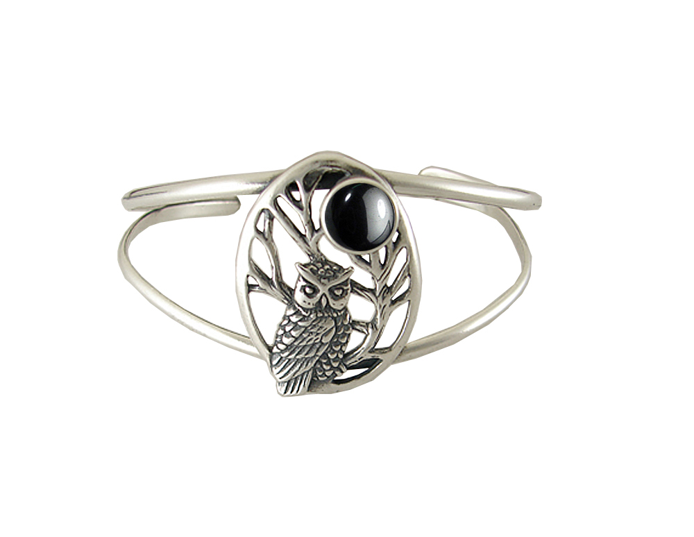 Sterling Silver Owl of the Dark Night Cuff Bracelet with Rainbow Moonstone